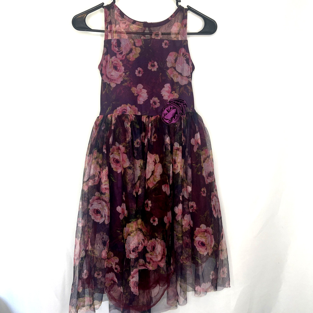 Zunie Girls Size 10 Dress Special Occasion Floral Hi Low Burgundy Lined
